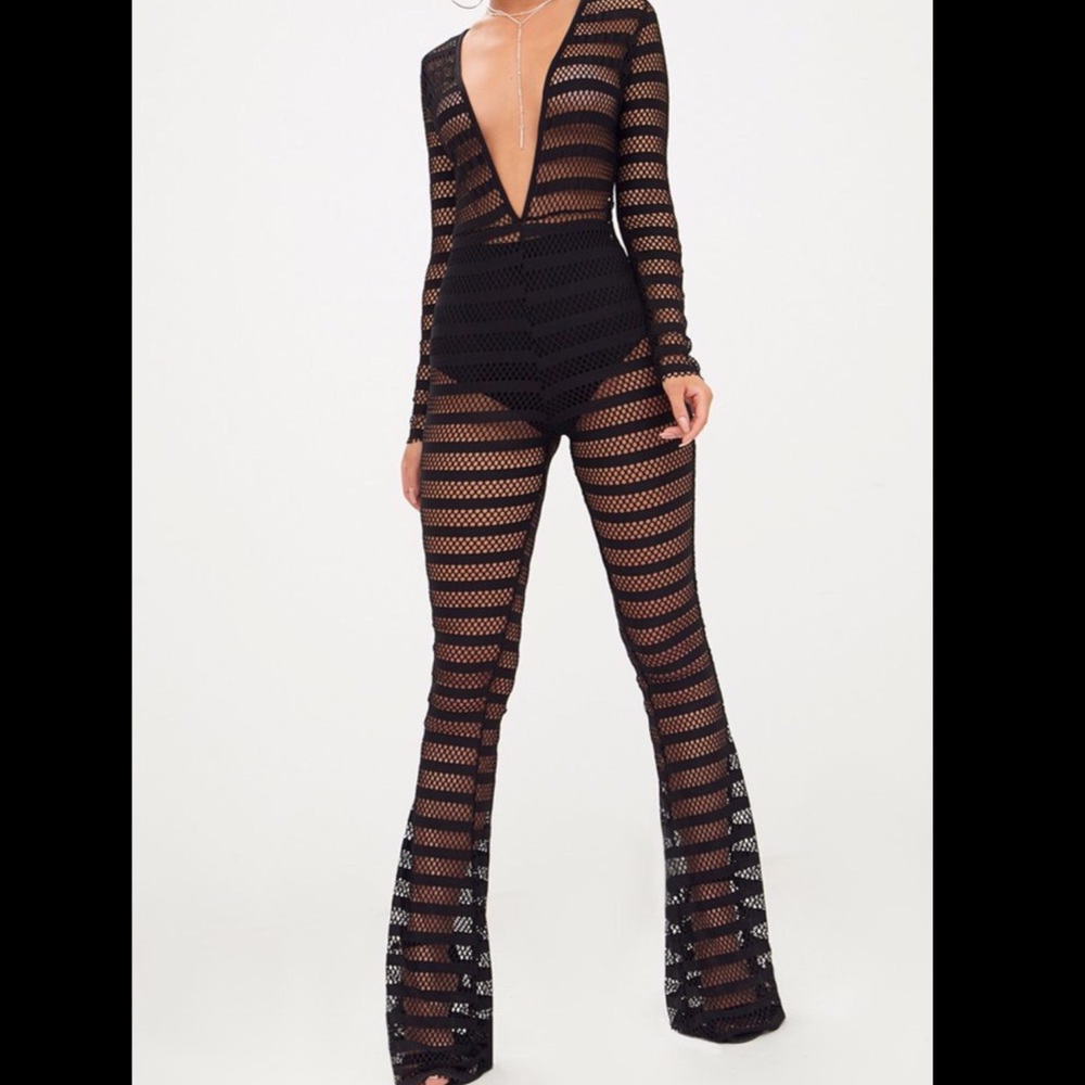 Black Knitted Long Sleeve Plunge Jumpsuit